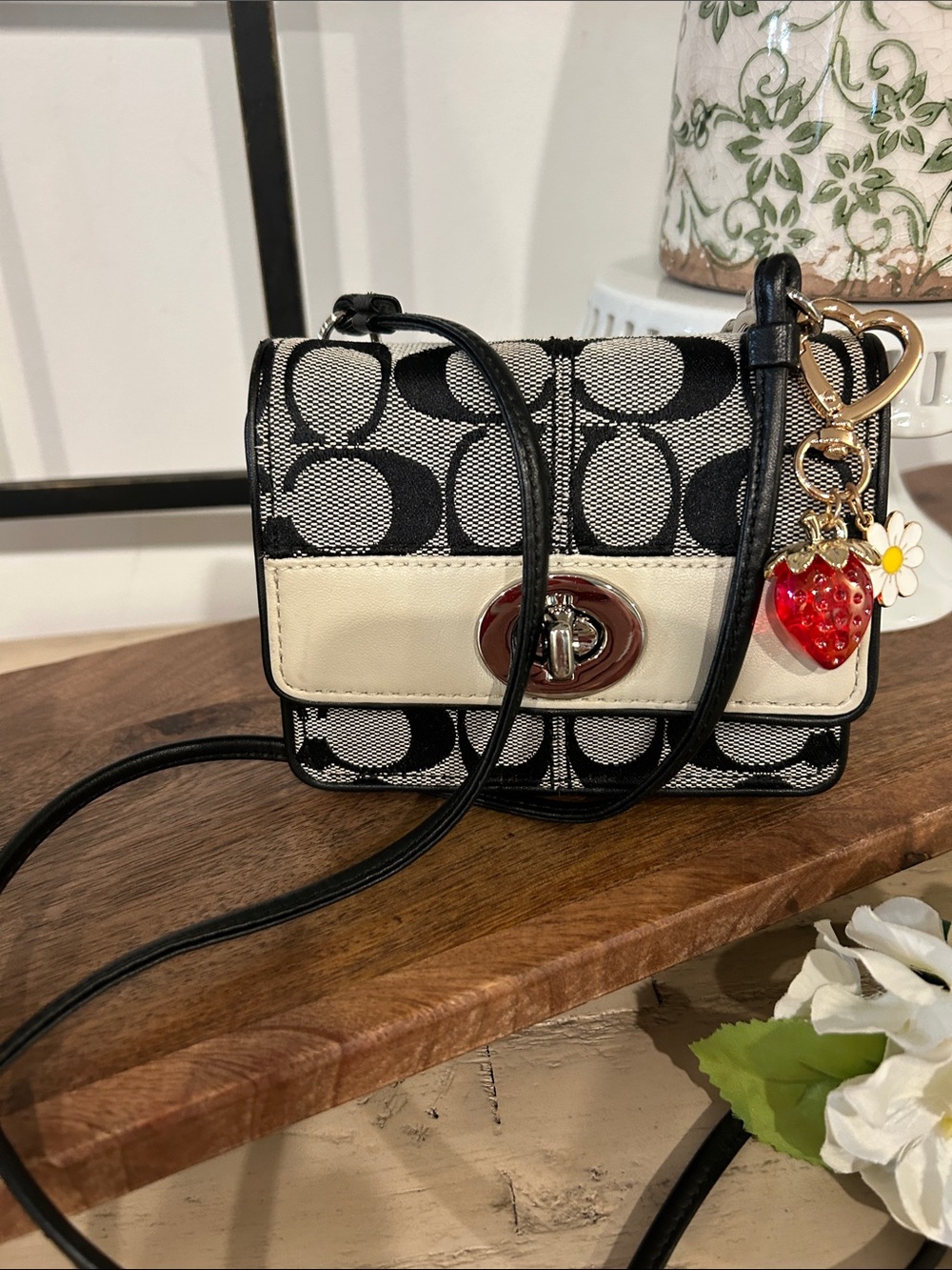 Coach Black & Cream Signature Crossbody with Strawberry Charm